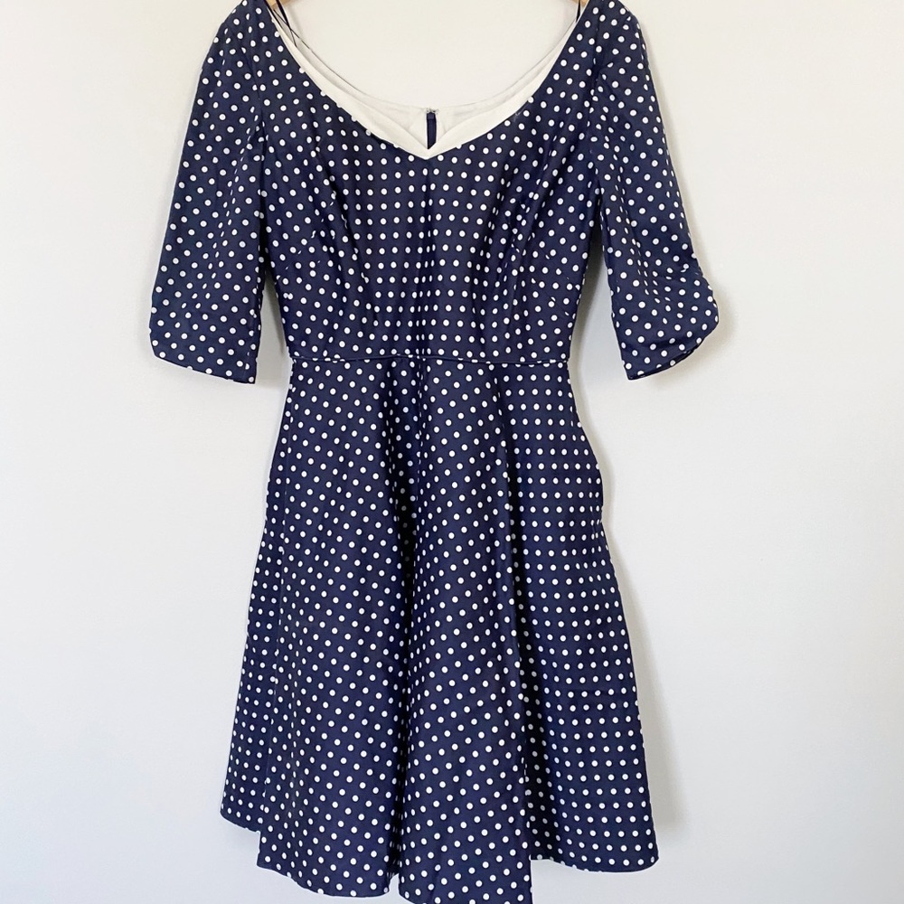 UNIQUE VINTAGE Navy Polka Dot Swing Dress L